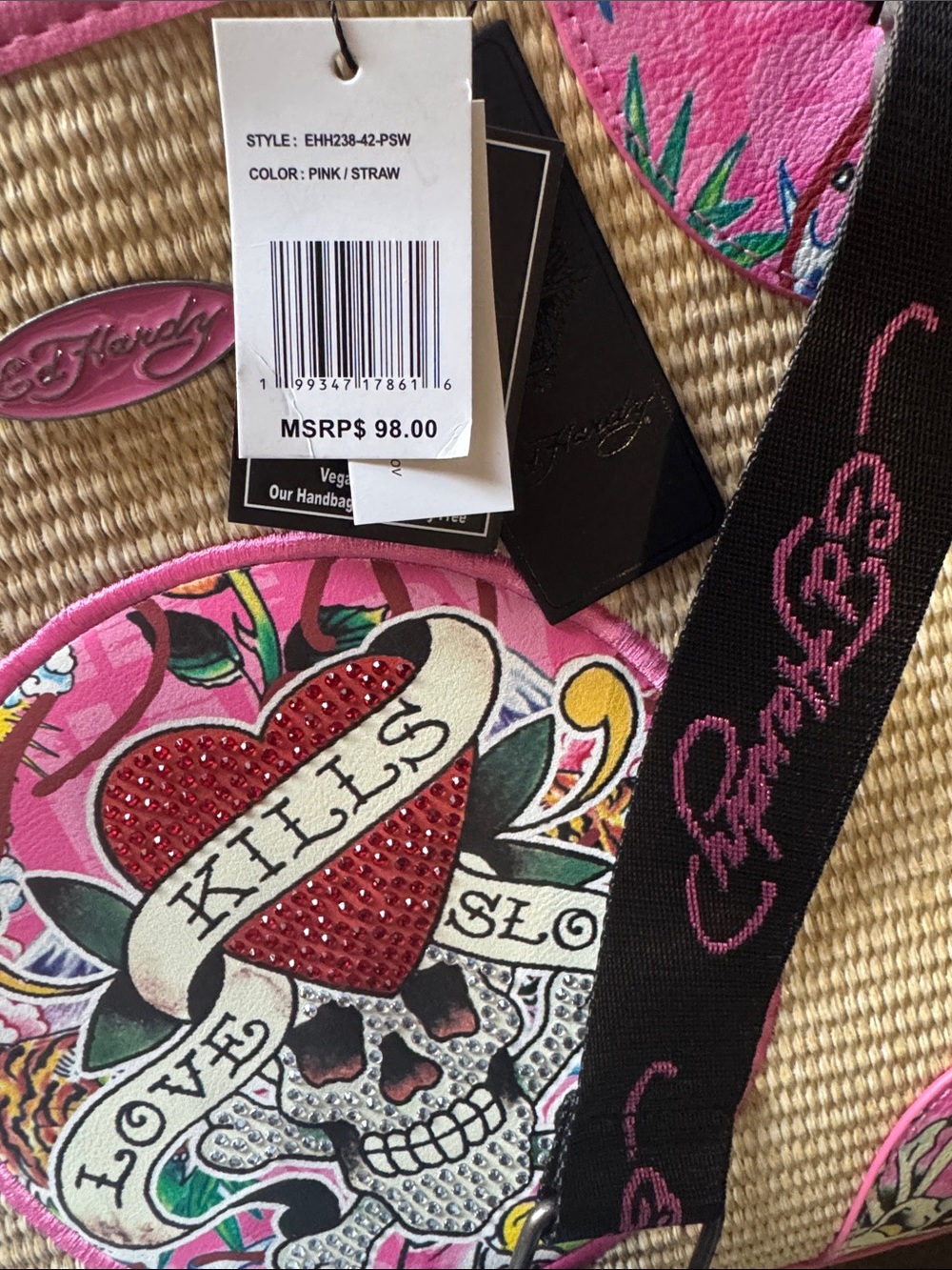 The Ed Hardy “Love Kills Slowly” Pink Straw Tote with Floral & Skull Graphic - Picture 8 of 12